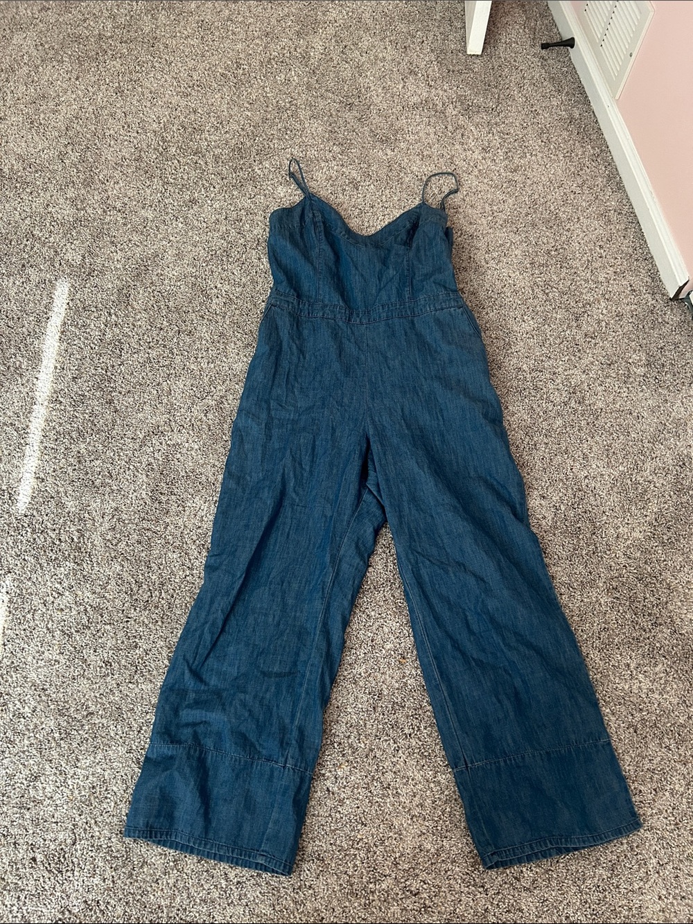 Abercrombie and Fitch Denim Wide-Leg Jumpsuit in Dark Blue tie back Sz 10
